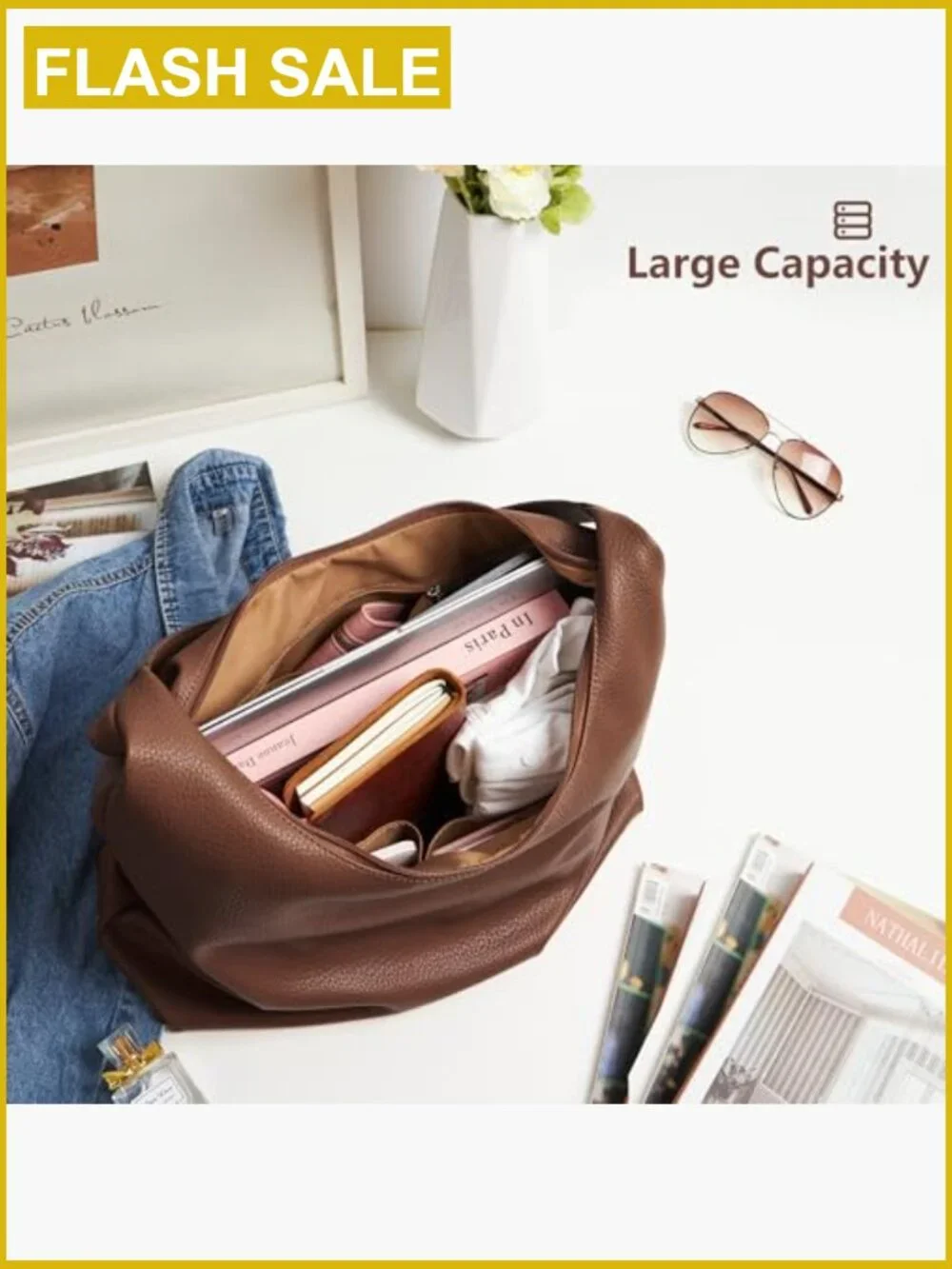 Vegan Leather Hobo Tote Bag with Zipper Large Capacity Shoulder Bag
